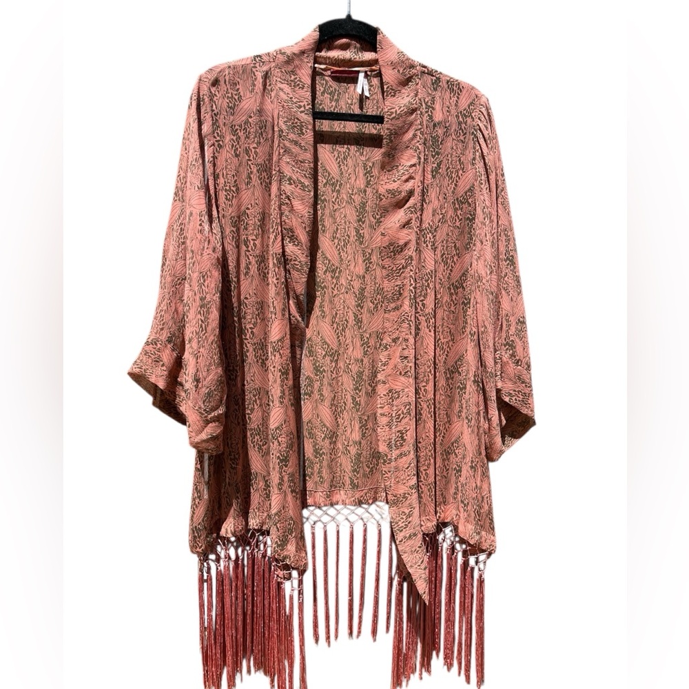 Left On Houston Mauve Blush Sheer Kimono With Fringe Hem
